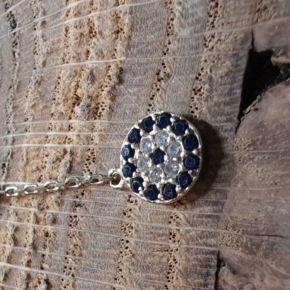 Elegant Gold Necklace with Sapphire Turqioise Accents and Evil Eye Design - Picture 4 of 12